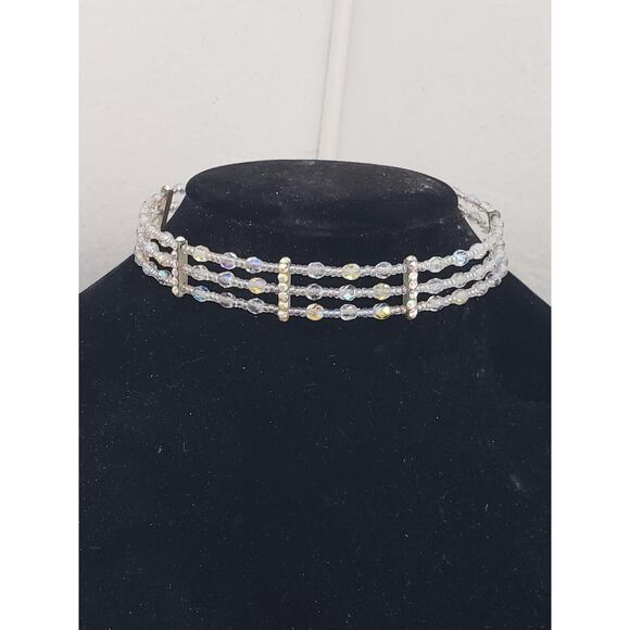 Vintage Aurora Borealis AB Crystal 3 Strand Choker Necklace Rhinestone - Picture 1 of 7